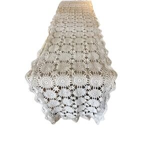 VTG Handmade White Ivory Lace Table Runner Doily 16" X 66" Country Farmhouse